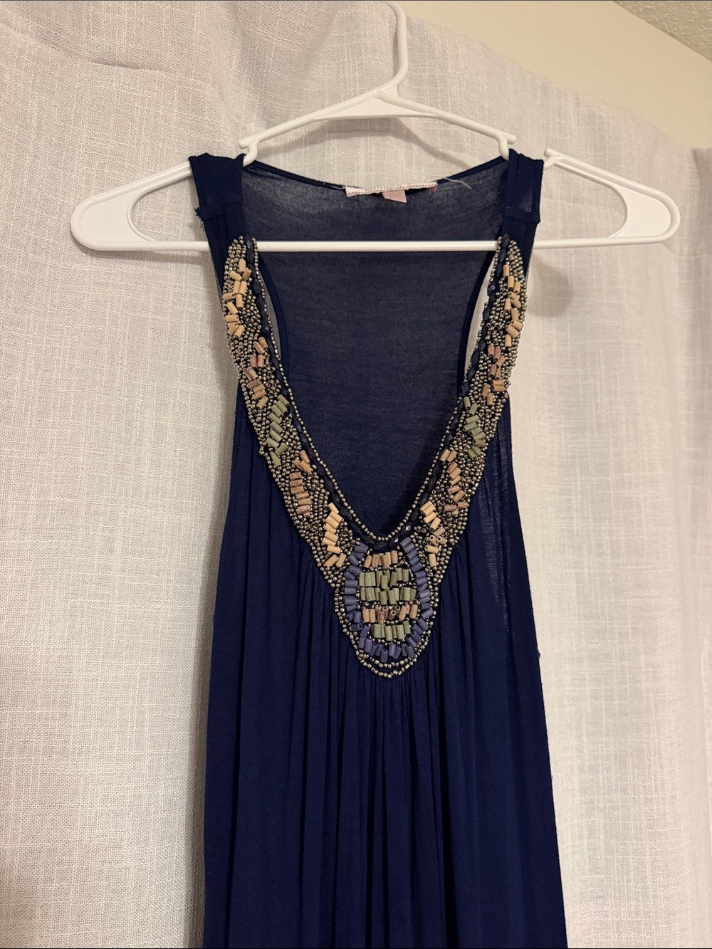 Romeo & Juliet Couture Navy Maxi Dress with Multicolor Beaded V-Neck